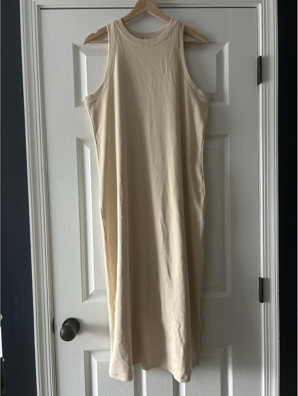 Nordstrom Beige Midi Sheath Dress Sleeveless Spandex Nylon Blend Sleek L